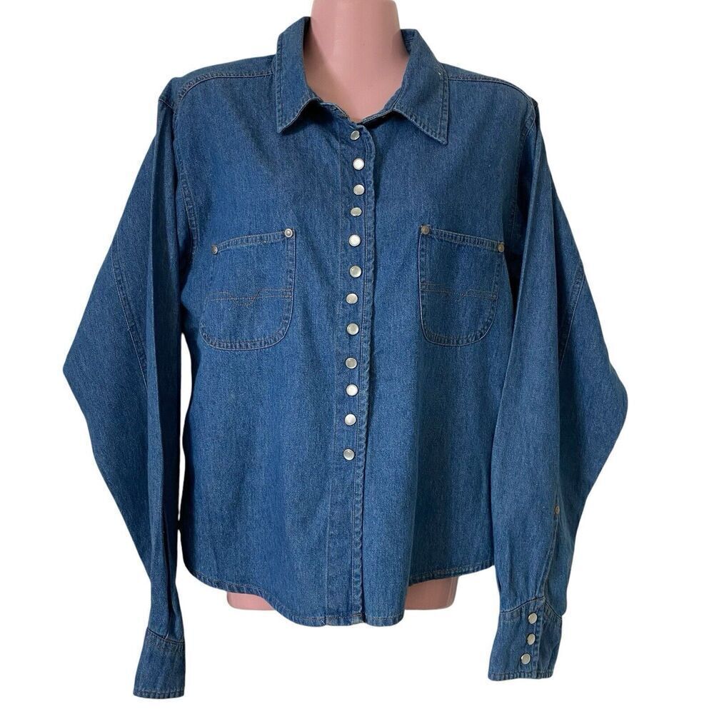 I am Shirt Women's Medium Blue Denim Pearl Snap Cowgirl Rodeo